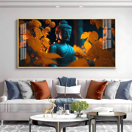 Buddha with Golden Autumn Fall Premium Acrylic Floating Wall Painting - Decor Smart