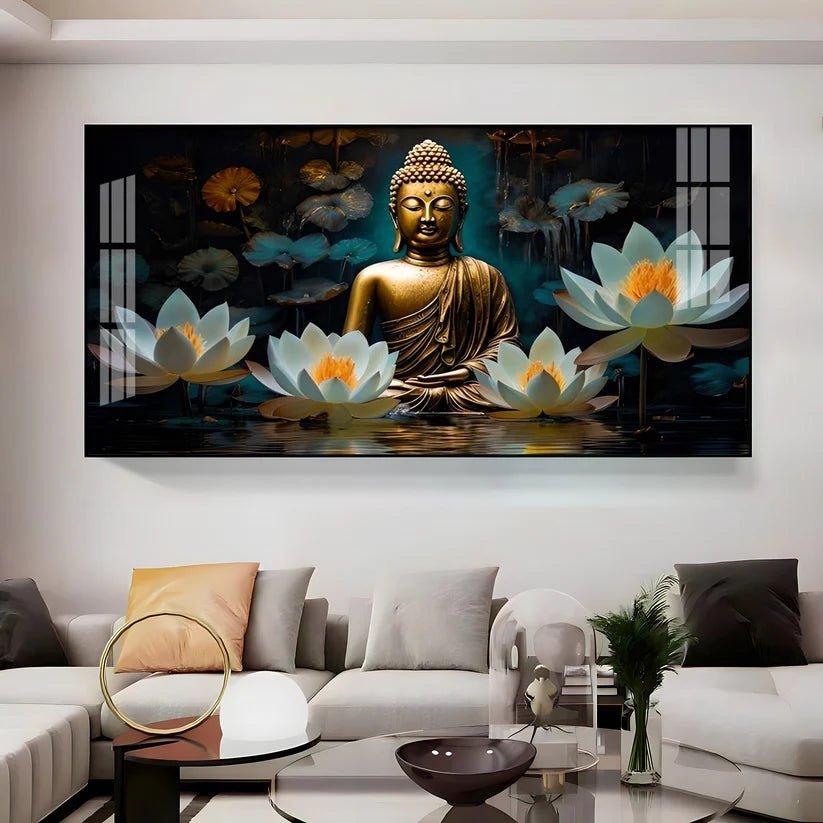 Buddha with White Lotus Premium Acrylic Floating Wall Painting - Decor Smart