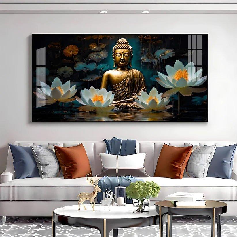 Buddha with White Lotus Premium Acrylic Floating Wall Painting - Decor Smart