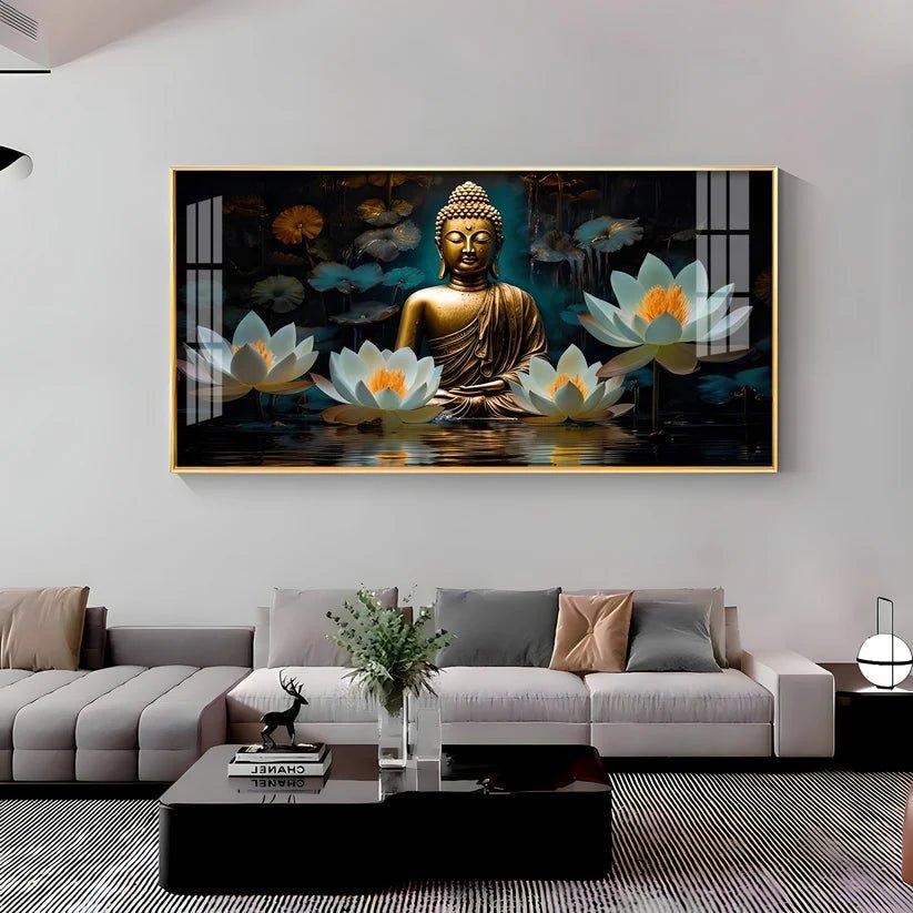 Buddha with White Lotus Premium Acrylic Floating Wall Painting - Decor Smart