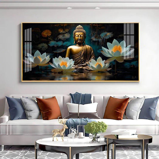 Buddha with White Lotus Premium Acrylic Floating Wall Painting - Decor Smart
