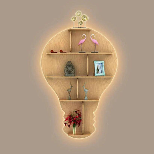 Bulb Shape Backlit Designer Wooden Wall Shelf / Book Shelf / Night Light, Light Oak Finish - Decor Smart