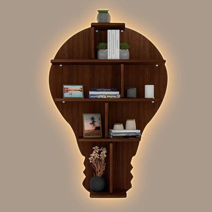 Bulb Shape Backlit Designer Wooden Wall Shelf / Book Shelf / Night Light, Walnut Finish - Decor Smart