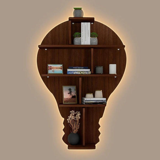 Bulb Shape Backlit Designer Wooden Wall Shelf / Book Shelf / Night Light, Walnut Finish - Decor Smart
