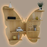 Butterfly Shape Backlit Designer Wooden Wall Shelf / Book Shelf / Night Light, Oak Finish - Decor Smart