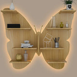 Butterfly Shape Backlit Designer Wooden Wall Shelf / Book Shelf / Night Light, Oak Finish - Decor Smart