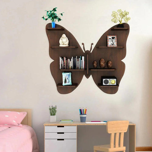 Butterfly Shape Backlit Designer Wooden Wall Shelf / Book Shelf / Night Light, Walnut Finish - Decor Smart