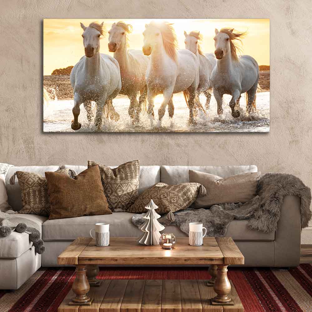 Camargue White Horses Running in Seaside Premium Wall Painting - Decor Smart