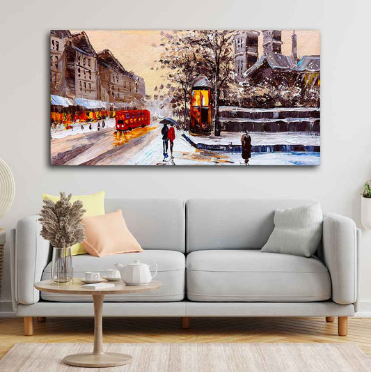 Canvas Wall Painting of Street view of London with Snowfall Background - Decor Smart