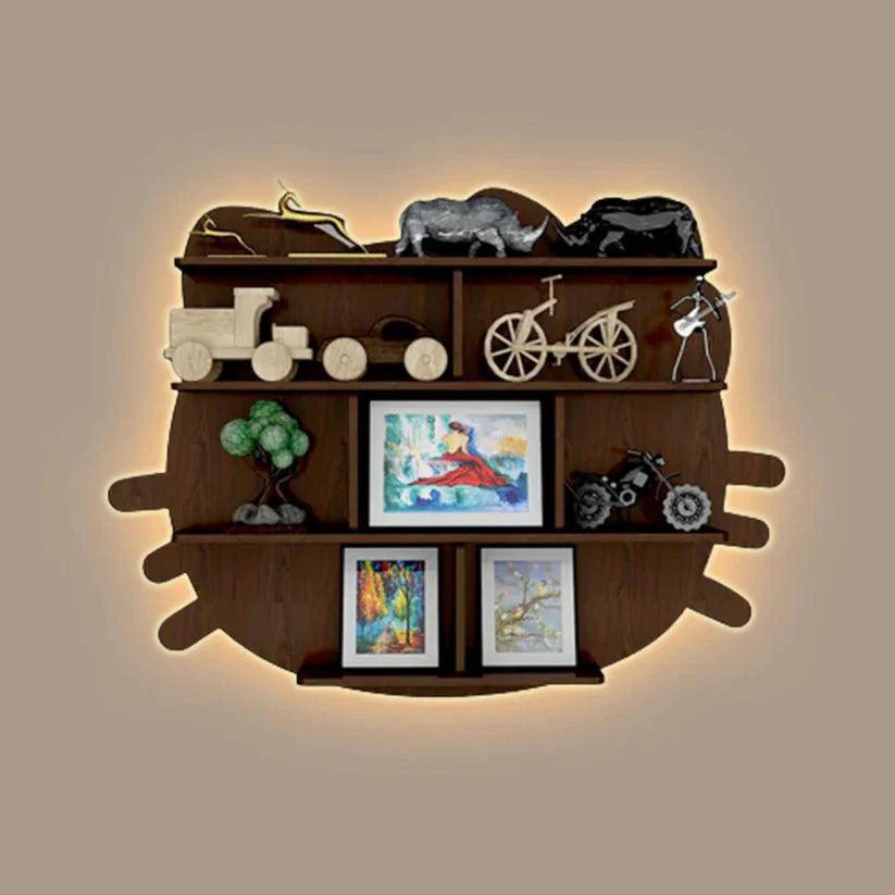 Cat Shape Backlit Designer Wooden Wall Shelf / Book Shelf / Night Light, Walnut Finish - Decor Smart