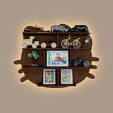 Cat Shape Backlit Designer Wooden Wall Shelf / Book Shelf / Night Light, Walnut Finish - Decor Smart