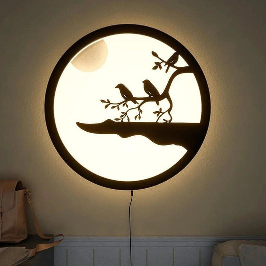 Chirping Birds Rounded Backlit Wooden Wall Decor with LED Night Light - Decor Smart