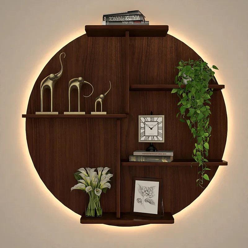 Circle Shape Dark Backlit Designer Wooden Wall Shelf / Book Shelf / Night Light, Walnut Finish - Decor Smart