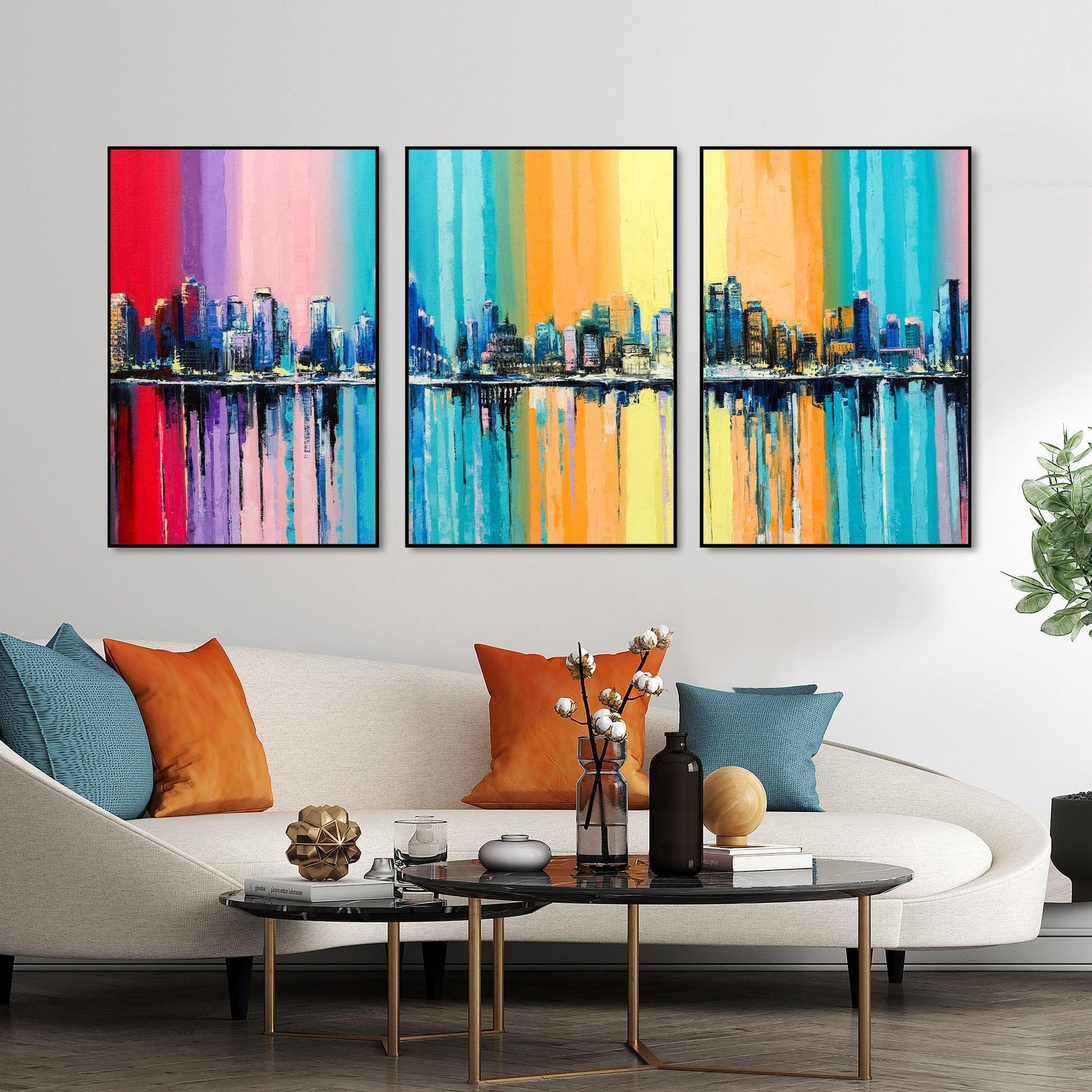City Skyline Floating Canvas Wall Painting Set of Three - Decor Smart