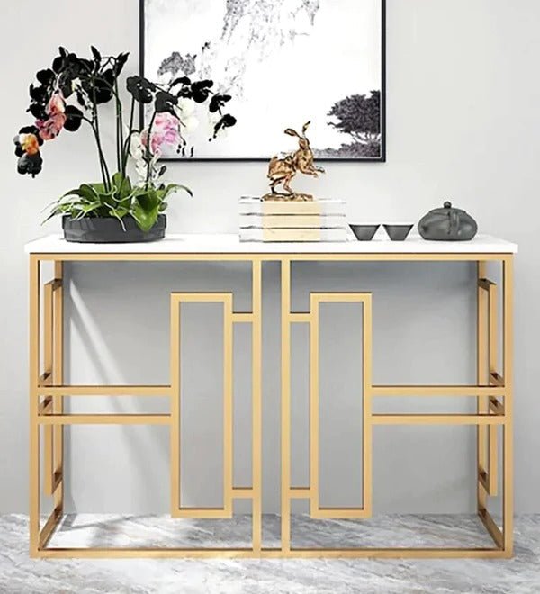 Classic Console Table with White Marble in Golden Metal Finish - Decor Smart