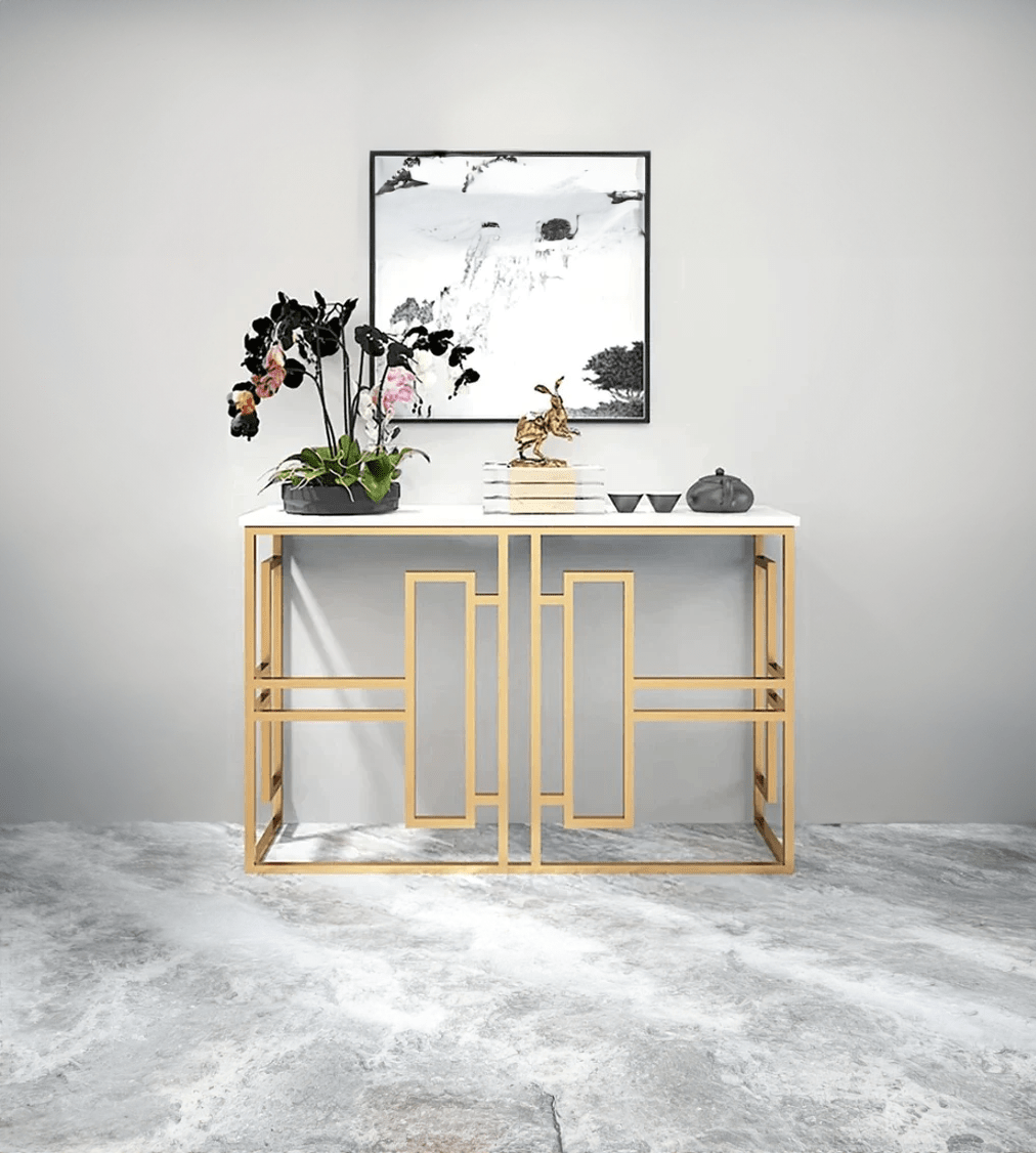 Classic Console Table with White Marble in Golden Metal Finish - Decor Smart