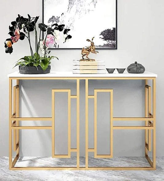 Classic Console Table with White Marble in Golden Metal Finish - Decor Smart
