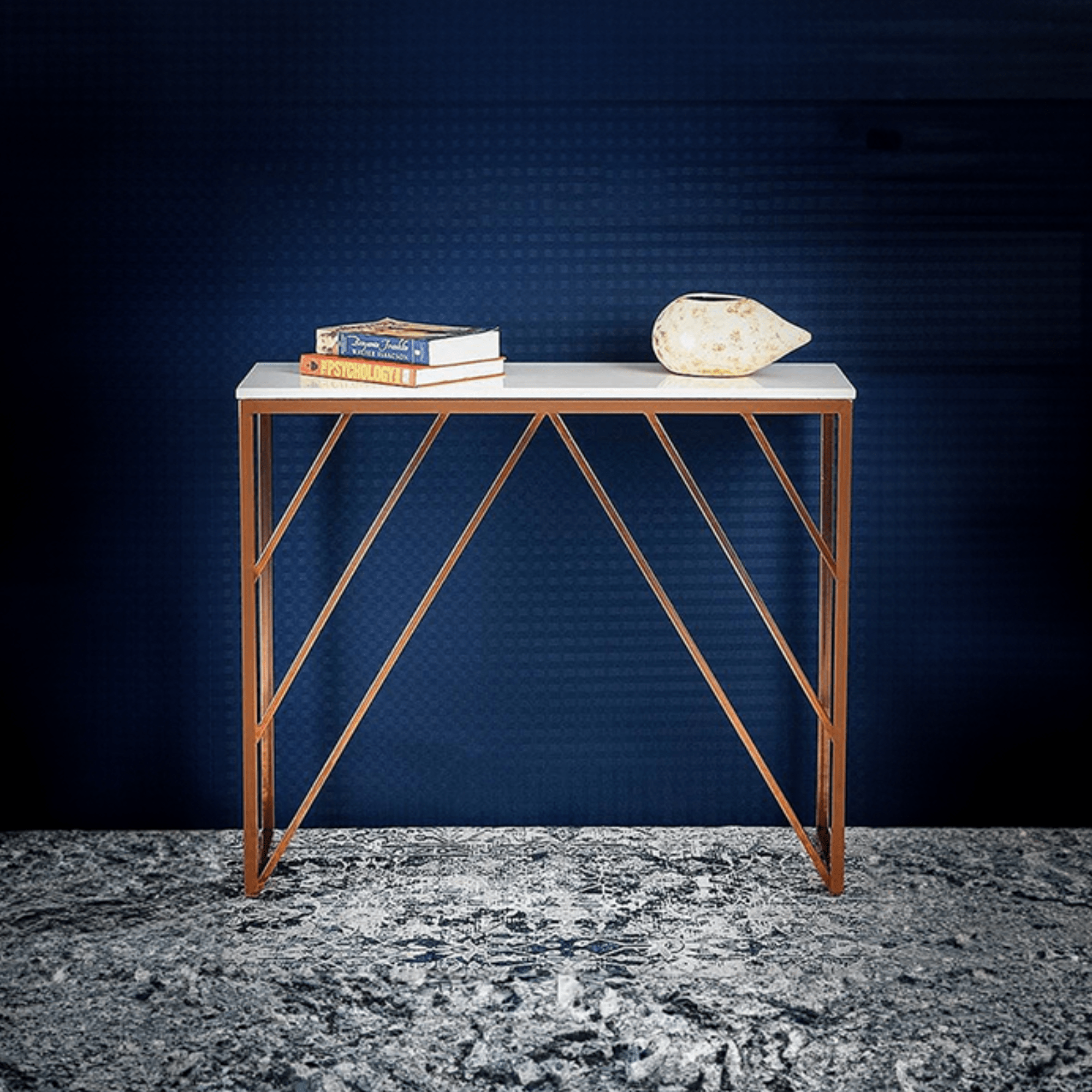 Classic Design Console Table White Rectangular Shape with Copper Metal Finish - Decor Smart