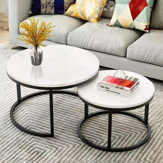 Classic White with Black Metallic Finish Round Coffee Table Set of 2 - Decor Smart
