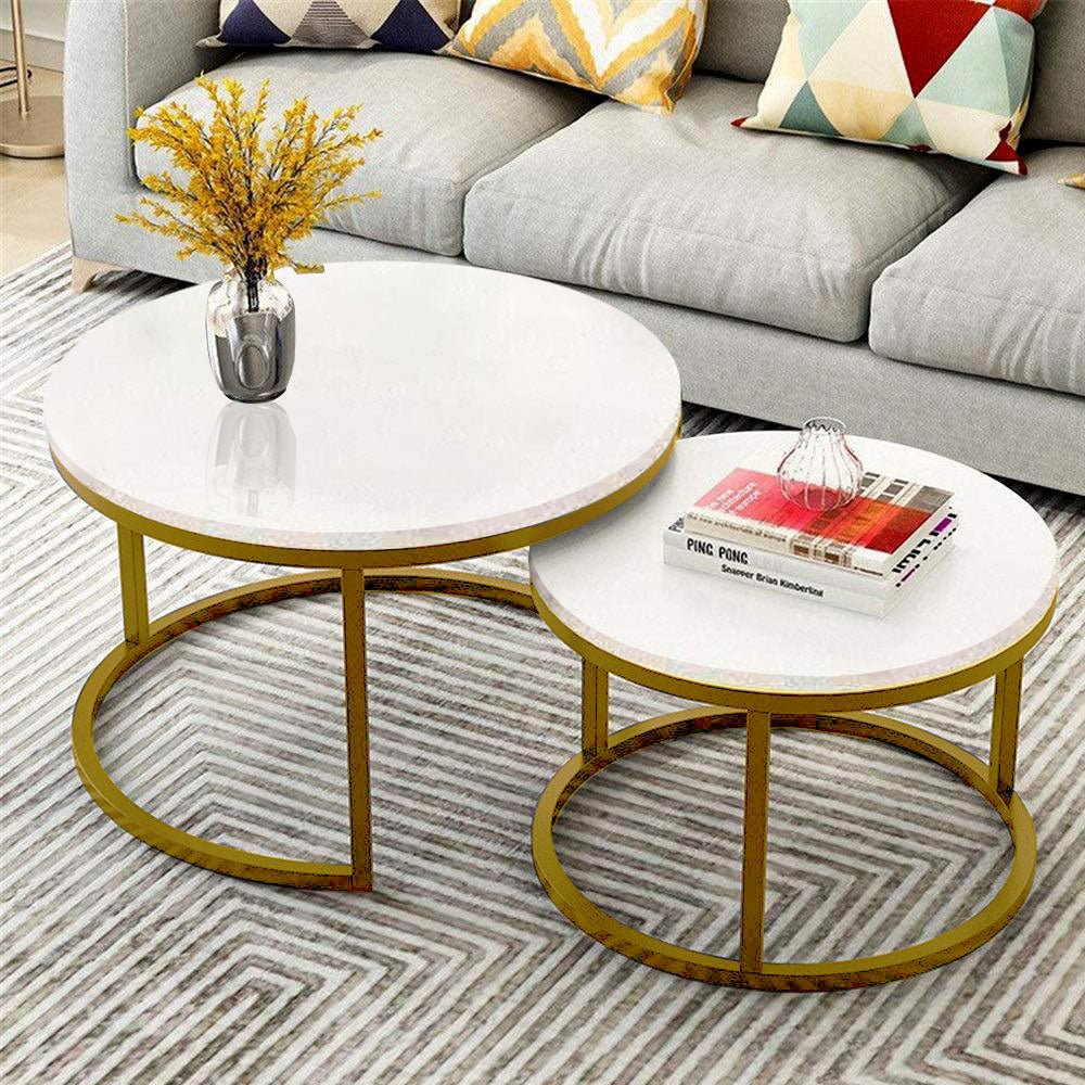Classic White with Golden Metallic Finish Round Coffee Table Set of 2 - Decor Smart
