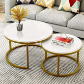 Classic White with Golden Metallic Finish Round Coffee Table Set of 2 - Decor Smart