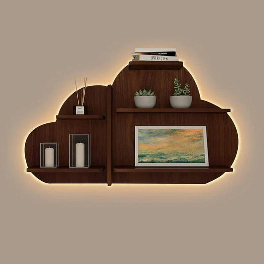 Cloud Shape Backlit Designer Wooden Wall Shelf / Book Shelf / Night Light, Walnut Finish - Decor Smart