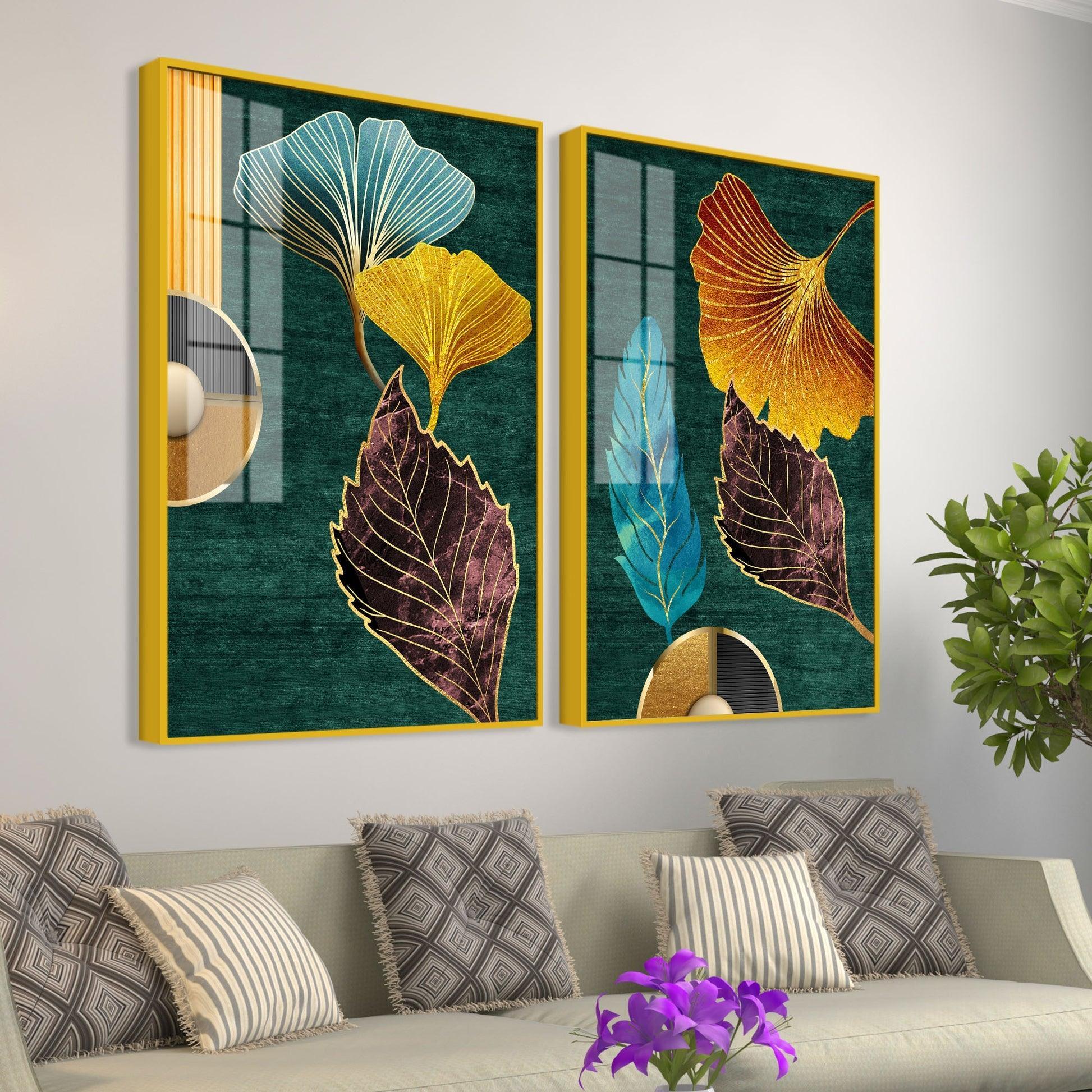 Colorful Golden Lines Leaves Acrylic Floating Wall Painting Set of 2 - Decor Smart