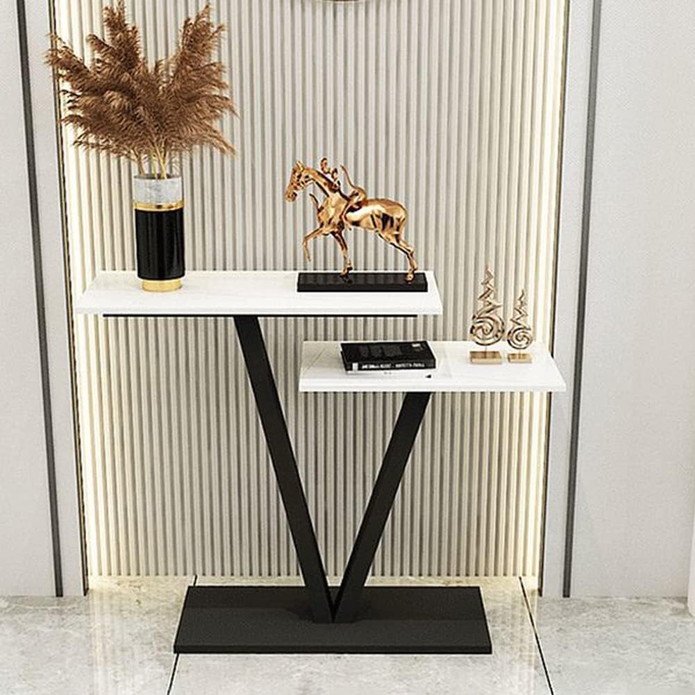 Contemporary 2 Tier White Marble Black Console Table - Decor Smart