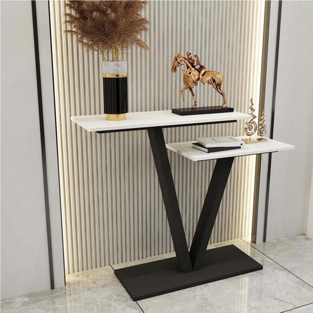 Contemporary 2 Tier White Marble Black Console Table - Decor Smart