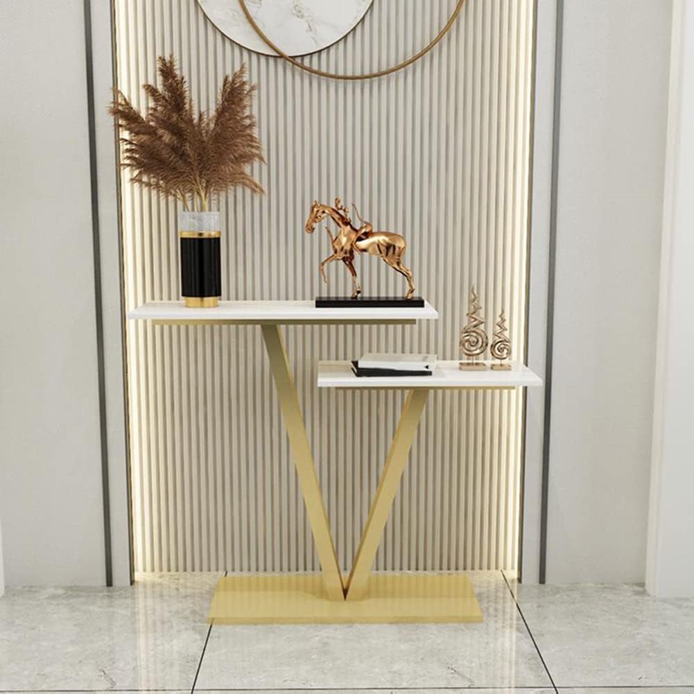Contemporary 2 Tier White Marble Golden Console Table - Decor Smart