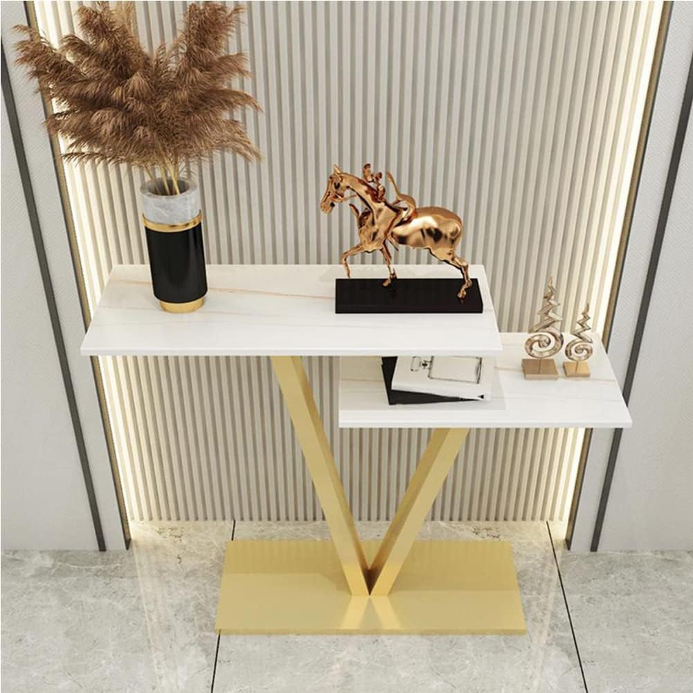 Contemporary 2 Tier White Marble Golden Console Table - Decor Smart