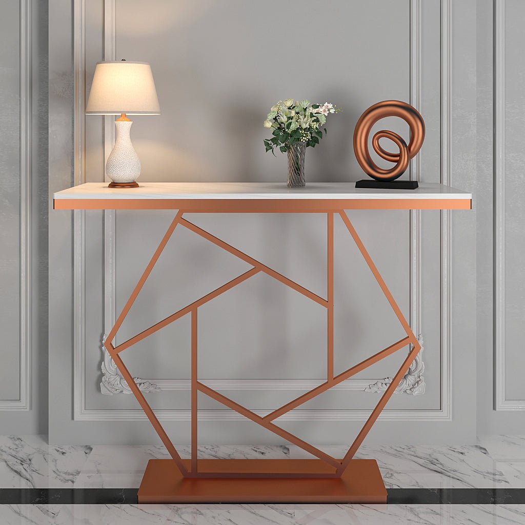 Contemporary Copper Finish Console Table In Hexagonal Design - Decor Smart