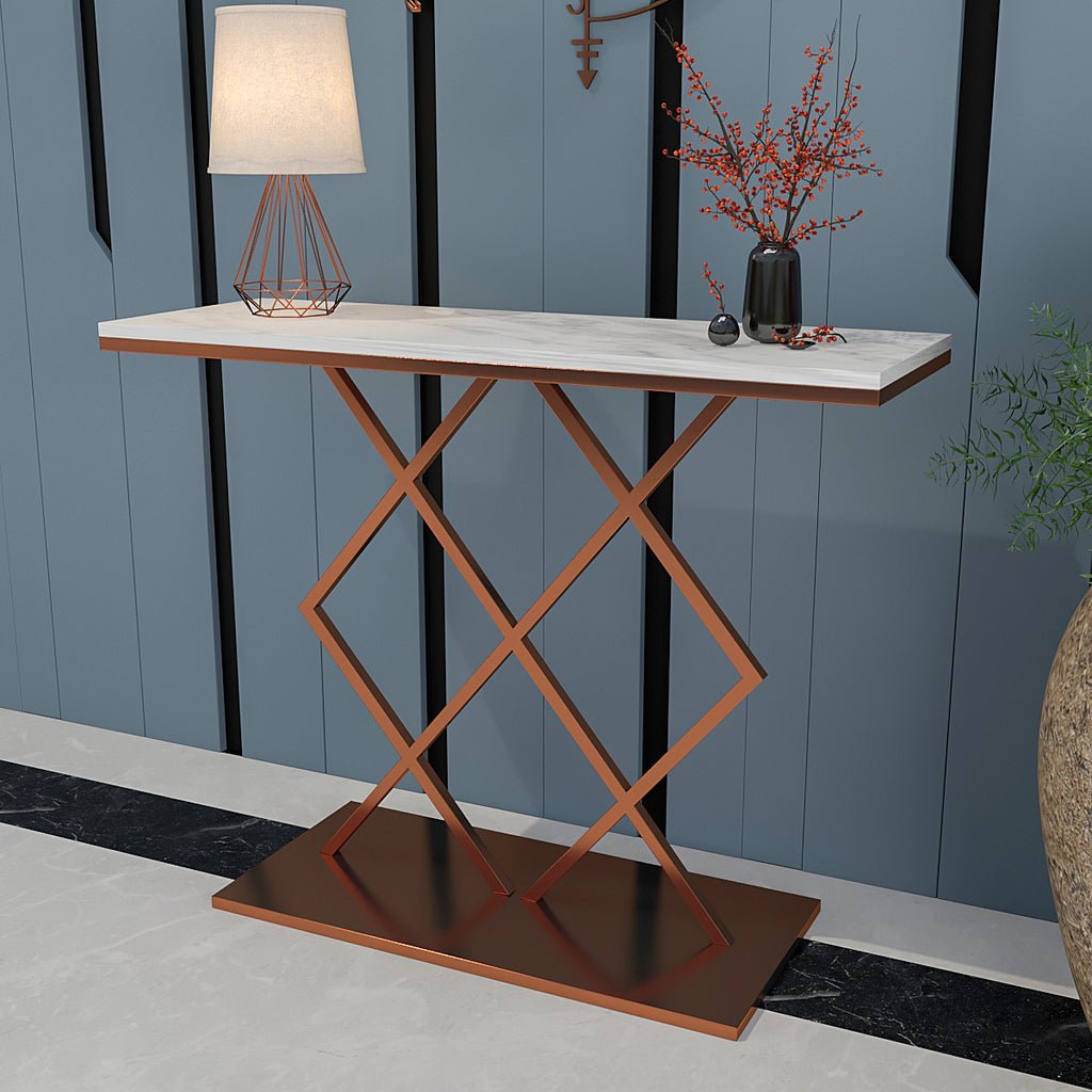 Copper Finish Console Table In Geometric Criss Cross Pattern - Decor Smart