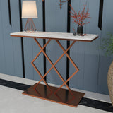 Copper Finish Console Table In Geometric Criss Cross Pattern - Decor Smart