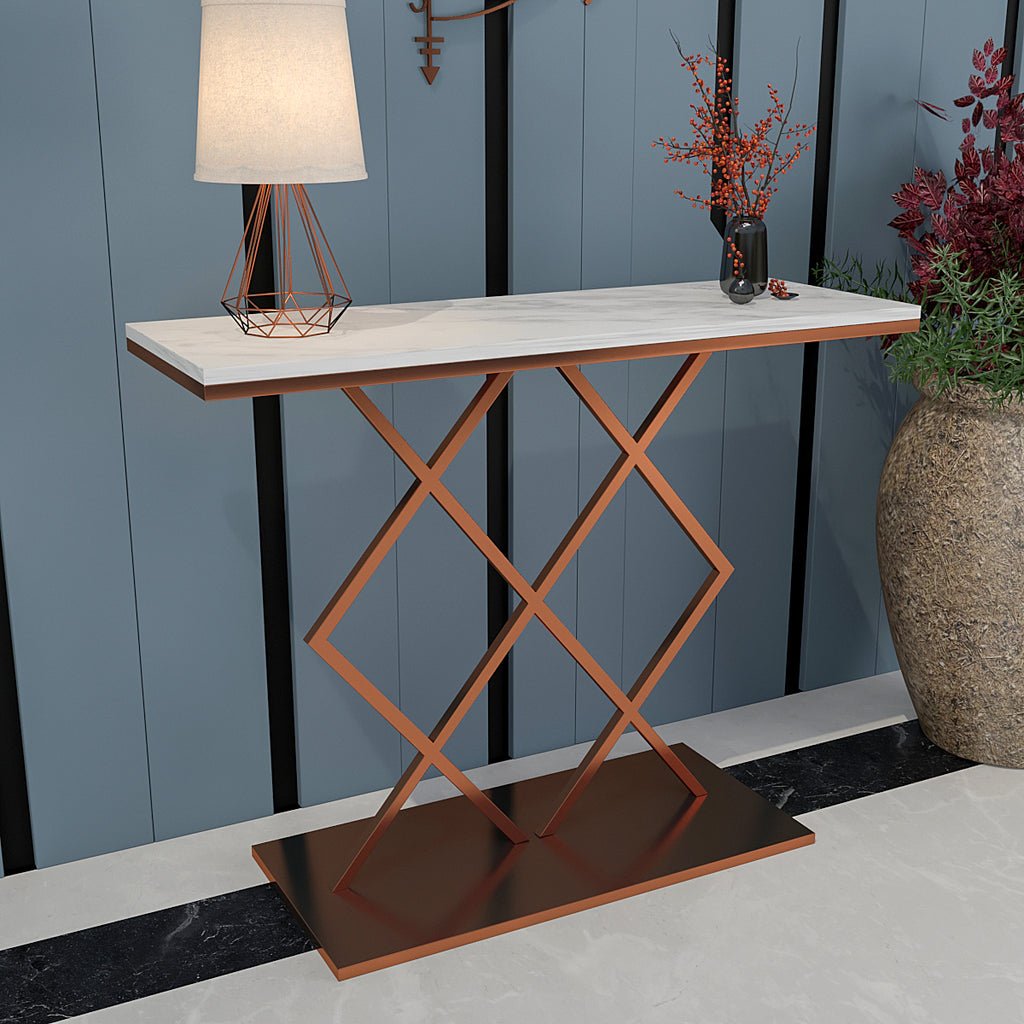 Copper Finish Console Table In Geometric Criss Cross Pattern - Decor Smart