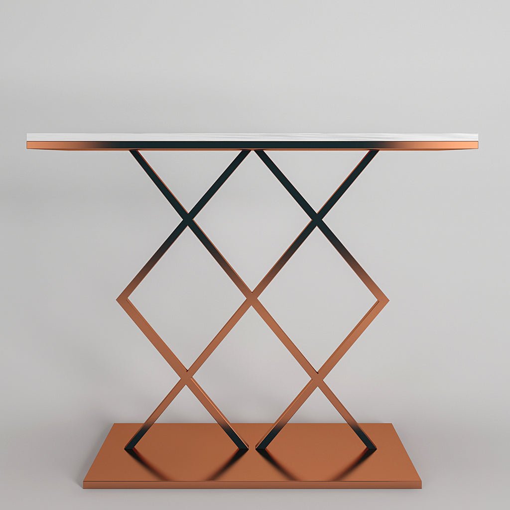 Copper Finish Console Table In Geometric Criss Cross Pattern - Decor Smart