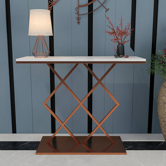 Copper Finish Console Table In Geometric Criss Cross Pattern - Decor Smart