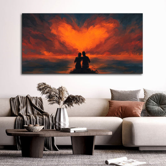 Couple Sitting Under Heart Shaped Clouds Premium Wall Painting - Decor Smart