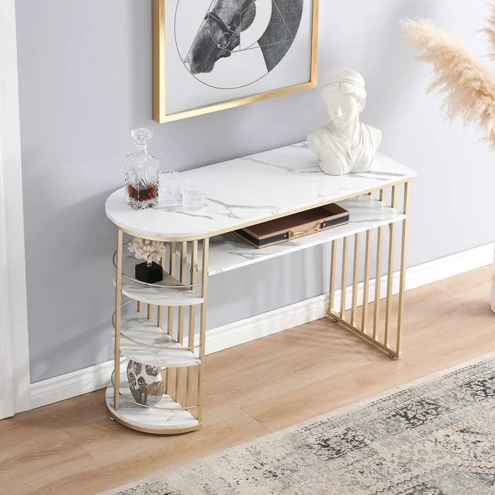 D - End 5 Tier White Marble Golden Console Table - Decor Smart
