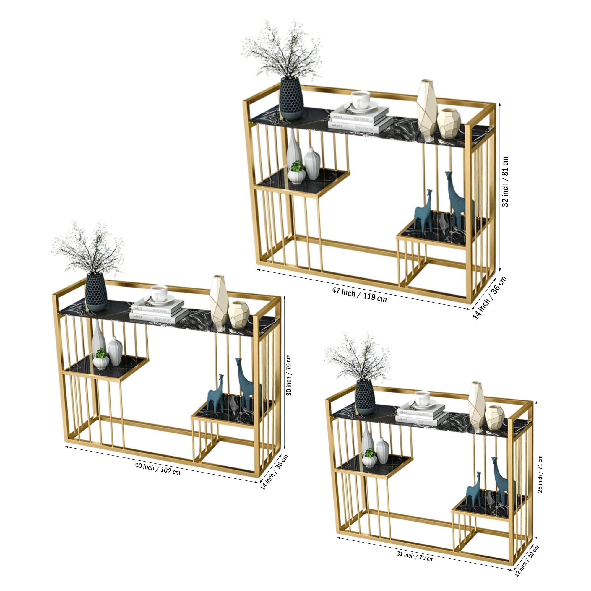Designer 3 - Tier Black Faux Marble Golden Console Table - Decor Smart