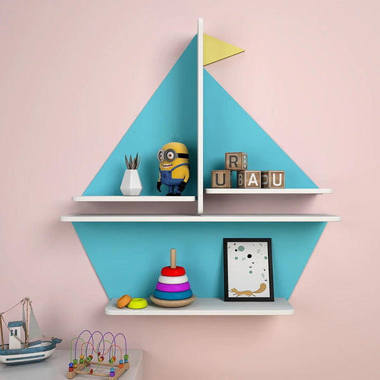 Designer Boat Shaped Blue Wooden Wall Shelf for Kids - Decor Smart