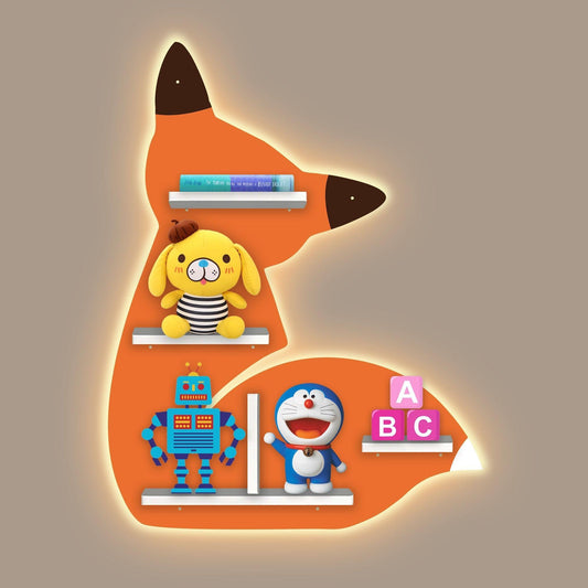 Designer Fox Shape Wooden LED Light Wall Shelf for Kids - Decor Smart