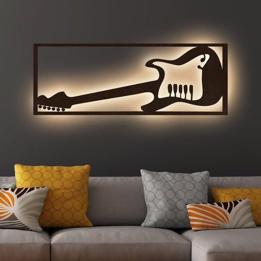 Designer Guitar Backlit Wooden Wall Decor with LED Night Light Walnut Finish - Decor Smart