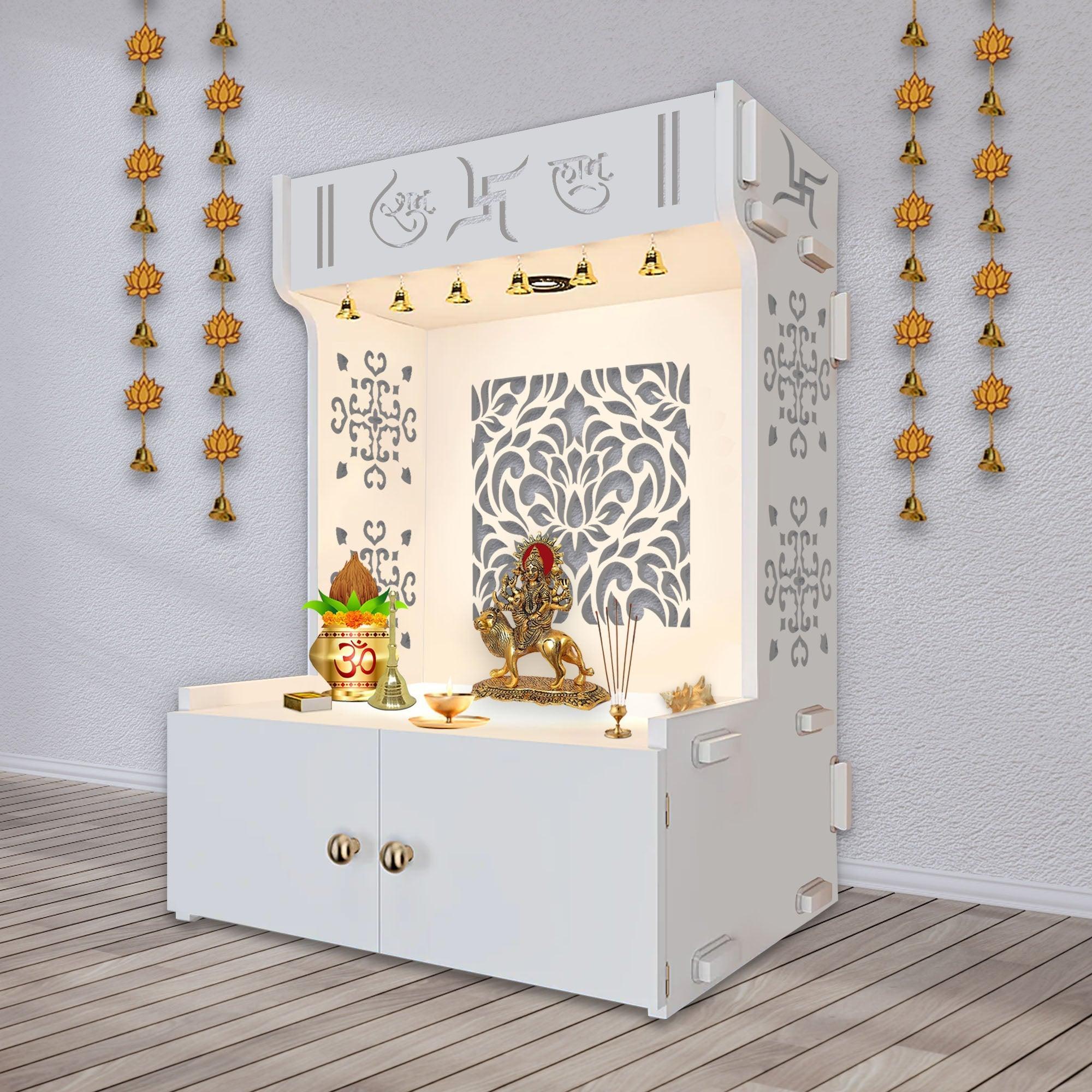 Designer Intricate Jali Design Pattern Floor Temple with Spacious Wooden Shelf & Inbuilt Focus Light - White Finish - Decor Smart