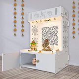 Designer Intricate Jali Design Pattern Floor Temple with Spacious Wooden Shelf & Inbuilt Focus Light - White Finish - Decor Smart
