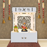 Designer Intricate Jali Design Pattern Floor Temple with Spacious Wooden Shelf & Inbuilt Focus Light - White Finish - Decor Smart