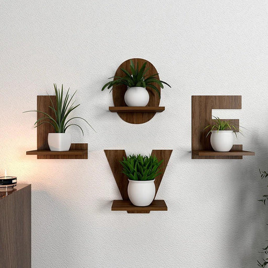 Designer Love Text Alphabet Dark Walnut Planter Shelves Set Of 4 - Decor Smart