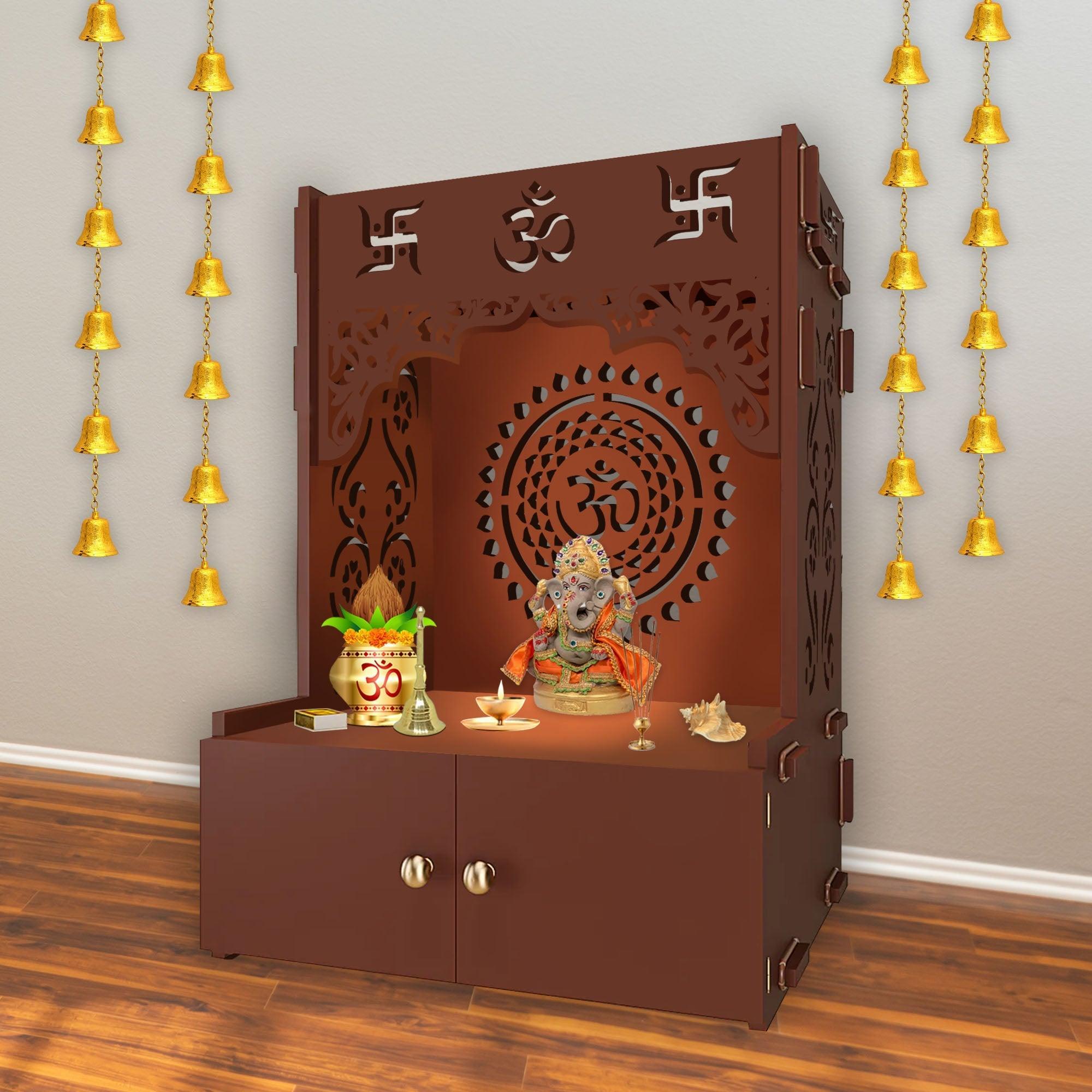 Designer Om Chakra Floor Temple with Spacious Wooden Shelf & Inbuilt Focus Light - Brown Finish - Decor Smart