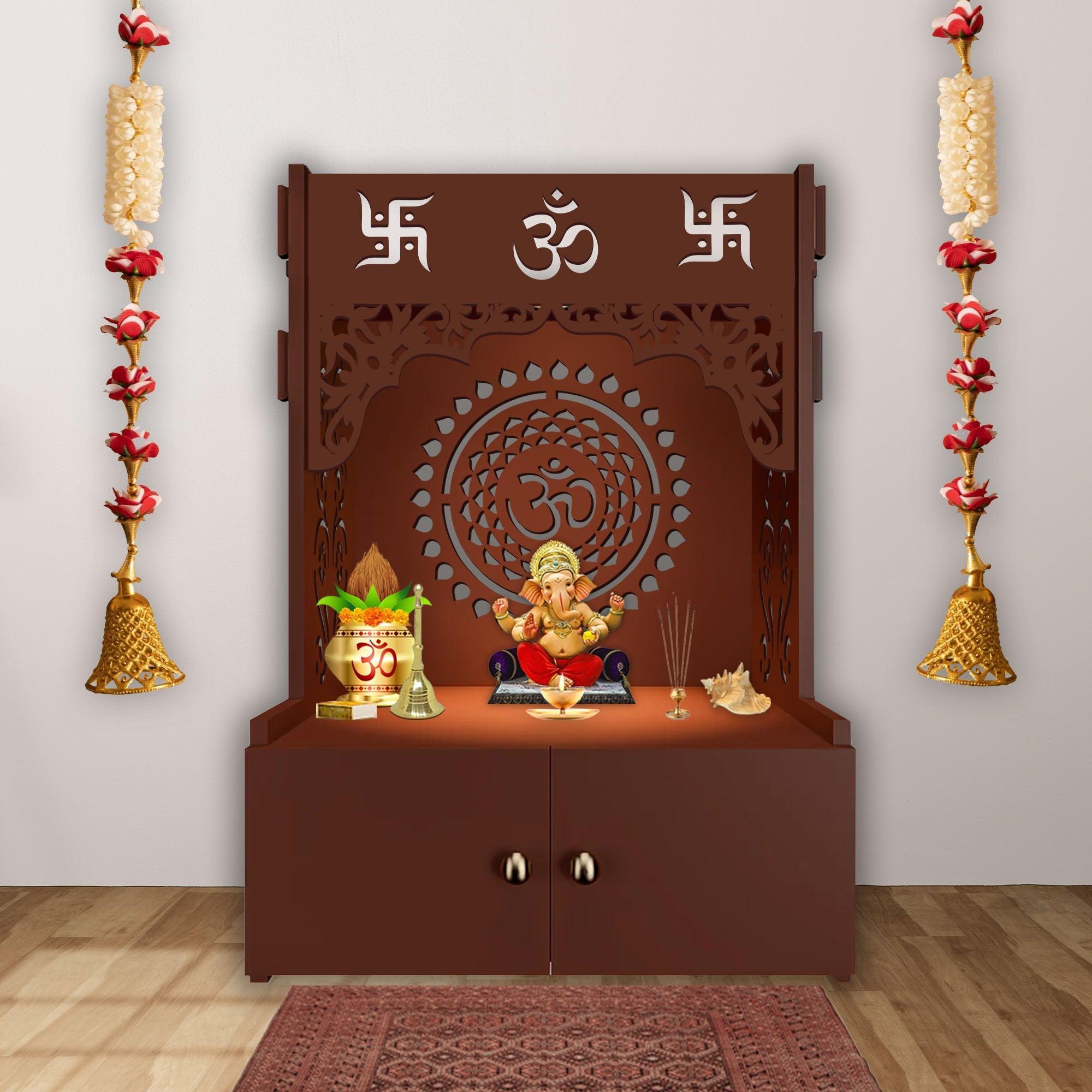 Designer Om Chakra Floor Temple with Spacious Wooden Shelf & Inbuilt Focus Light - Brown Finish - Decor Smart