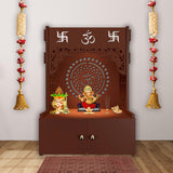 Designer Om Chakra Floor Temple with Spacious Wooden Shelf & Inbuilt Focus Light - Brown Finish - Decor Smart